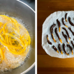 鍋で煮込む八朔の皮と八朔ピールにチョコレートをコーティング。